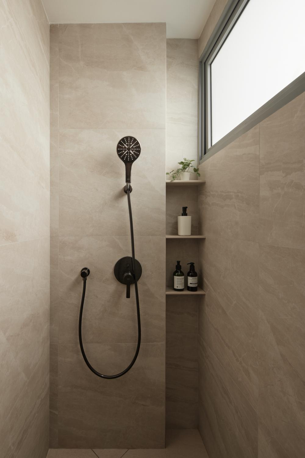 Contemporary Bathroom with Small Storage and Showers
