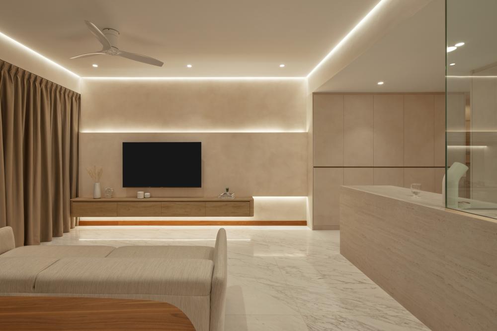 Contemporary Living Room with Marble Floor and TV Console