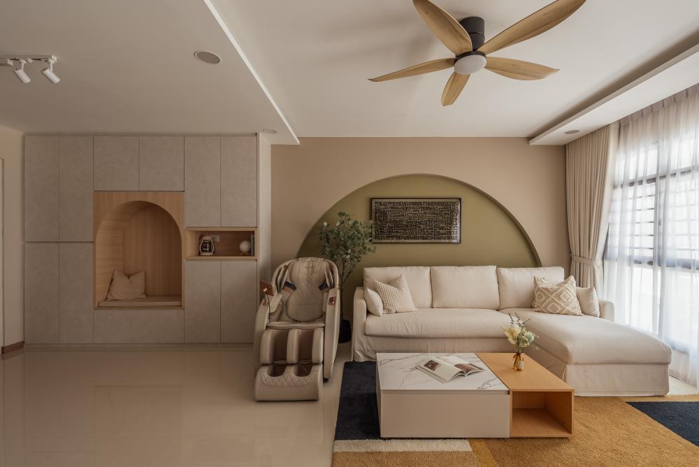 Scandinavian Living Room with Marble Floor and Sofa