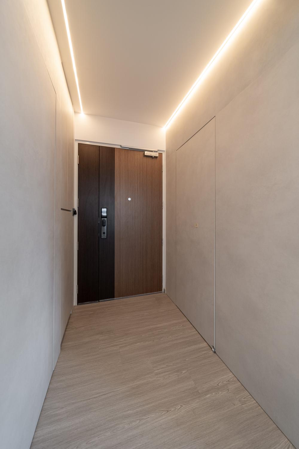 Minimalist Entryway with Vinyl Flooring and Mirror