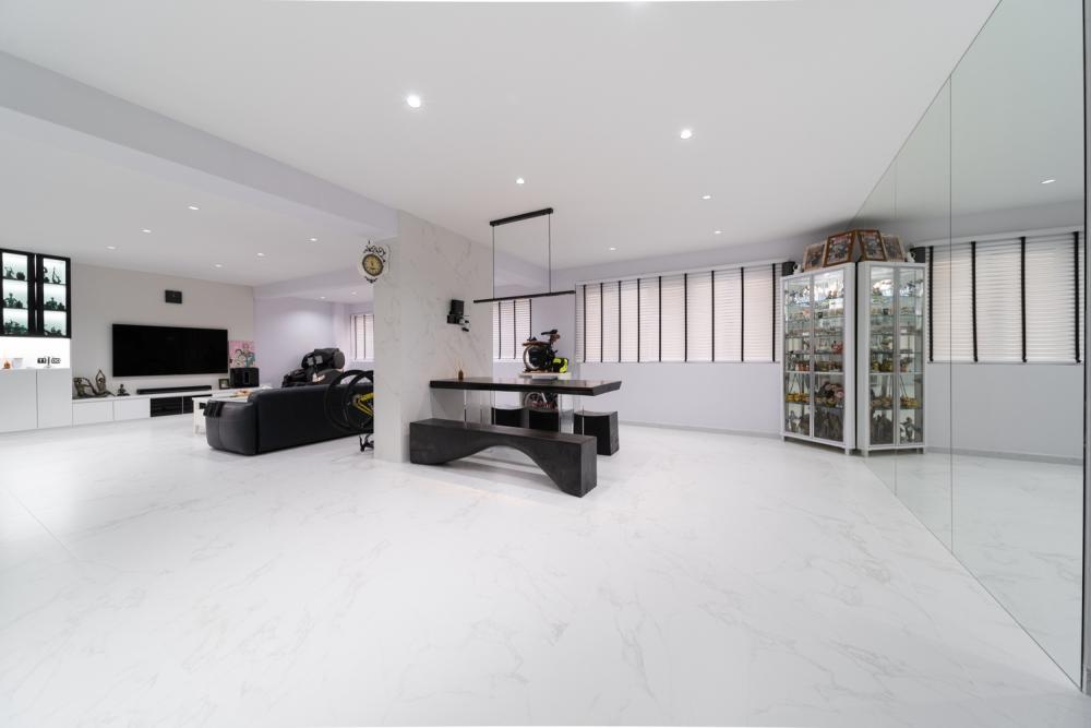 Modern Living Room with Homogeneous Tiles and TV Console