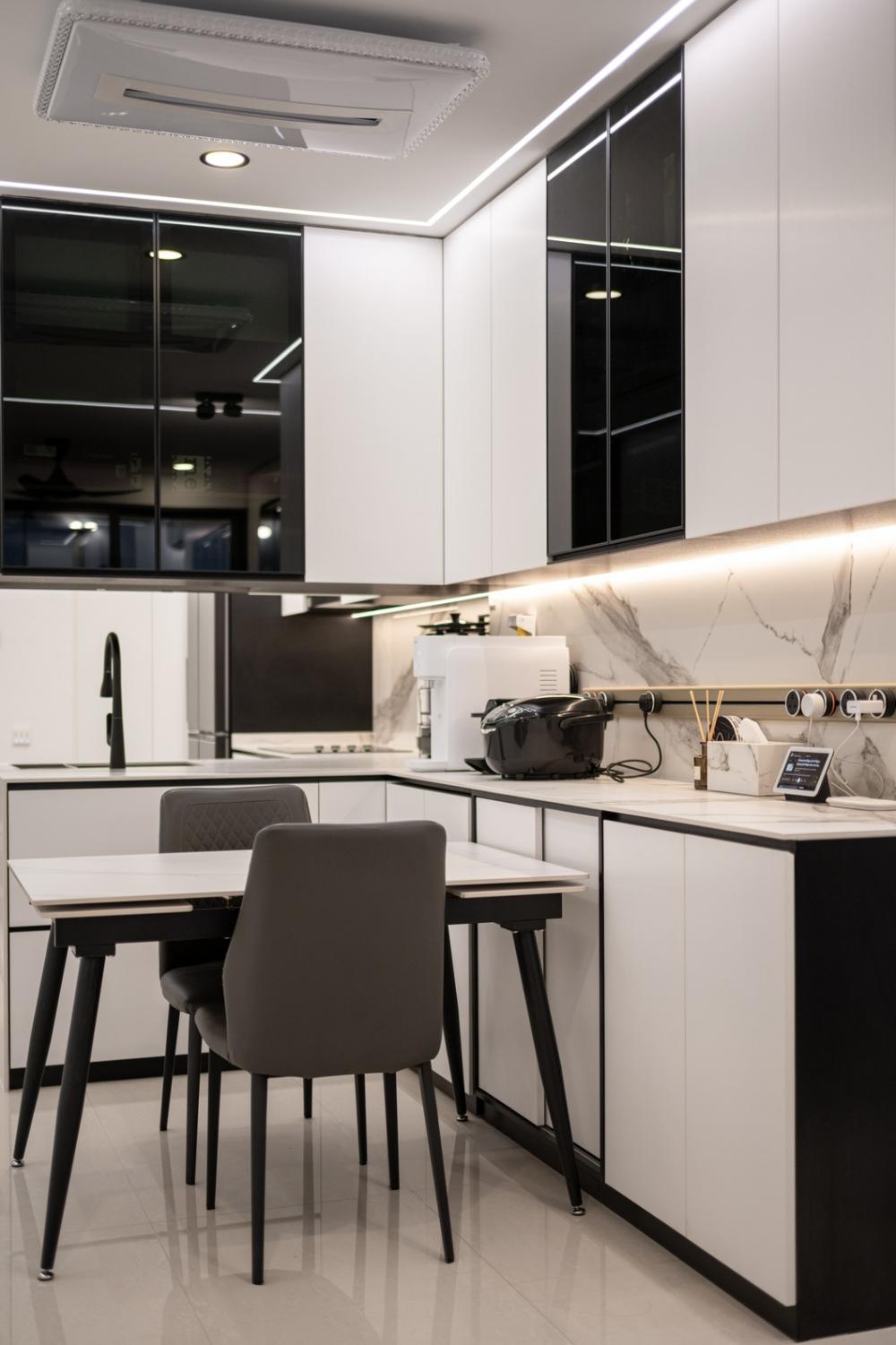Modern Dining Room with Kitchen Island and Drop Ceiling
