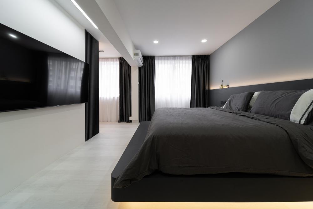 Modern Bedroom with Platform Bed and Vinyl Flooring