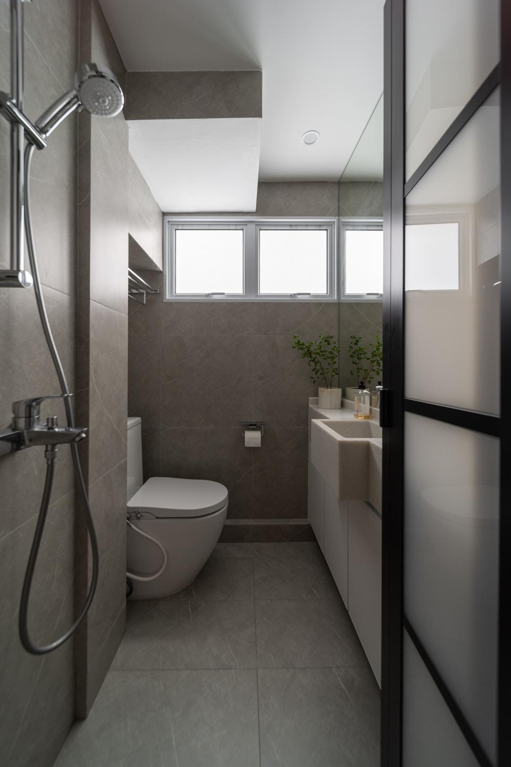Scandinavian Bathroom with Homogeneous Tiles and Mirror