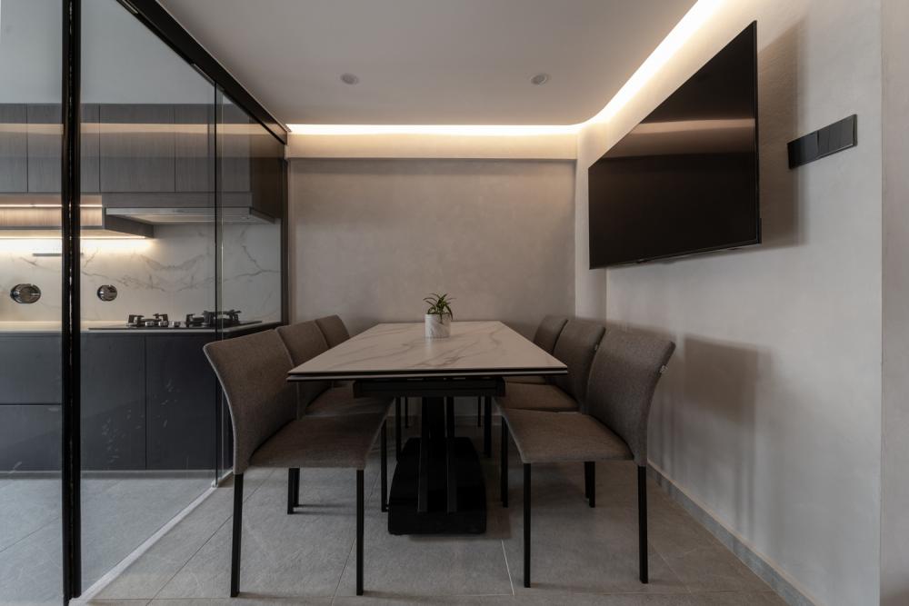 Scandinavian Dining Room with Feature Wall and Cove Lighting