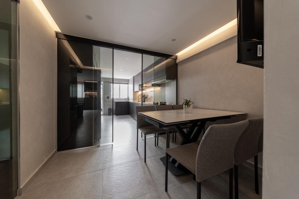 Scandinavian Dining Room with Cove Lighting and Glass Door