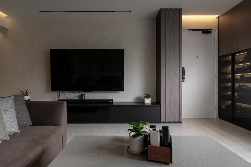 Scandinavian Living Room with TV Console and Feature Wall