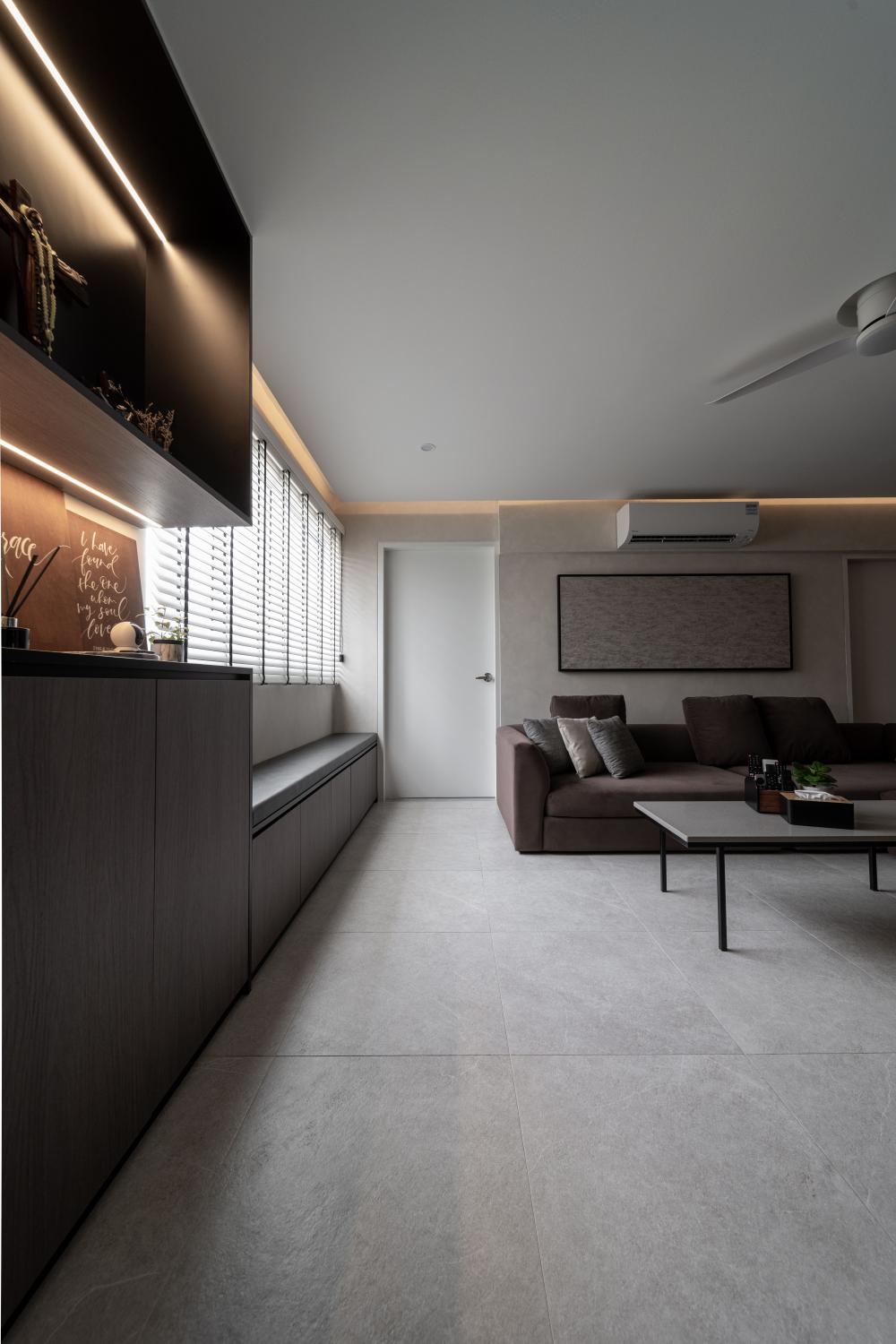 Scandinavian Entryway with Homogeneous Tiles and Cove Lighting