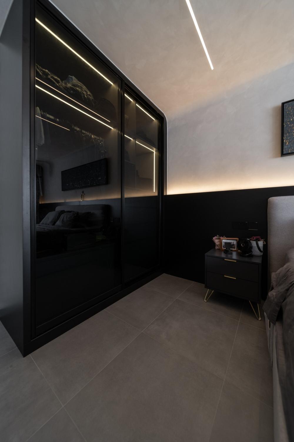 Scandinavian Bedroom with Homogeneous Tiles and Wardrobe