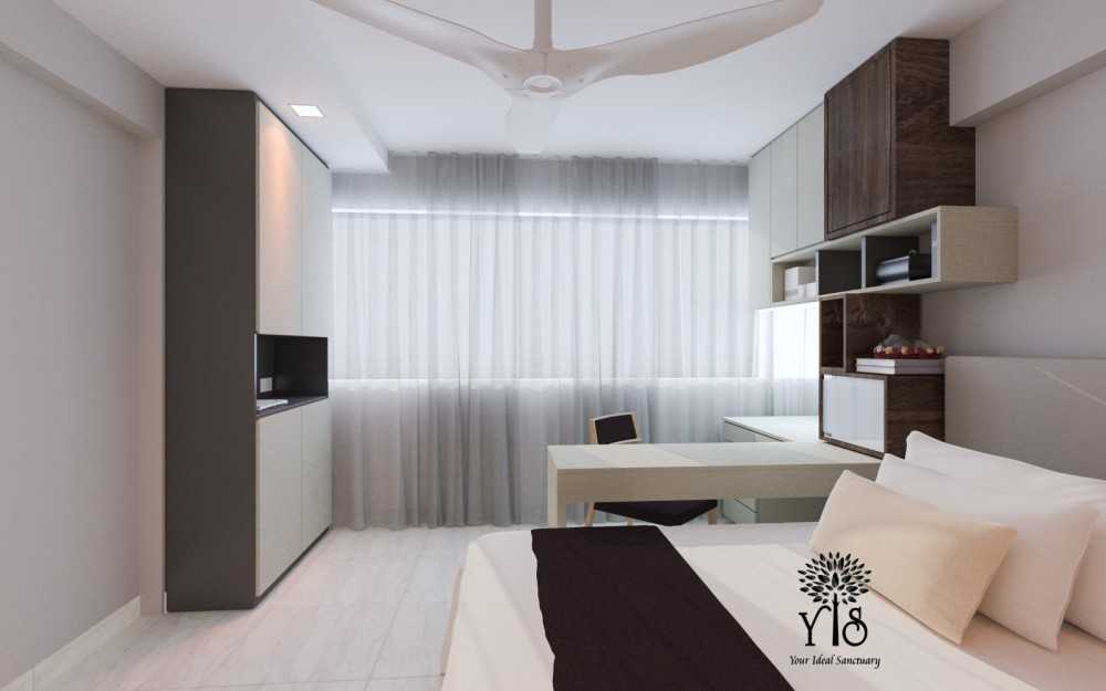 Modern Bedroom with Bookshelf and Homogeneous Tiles