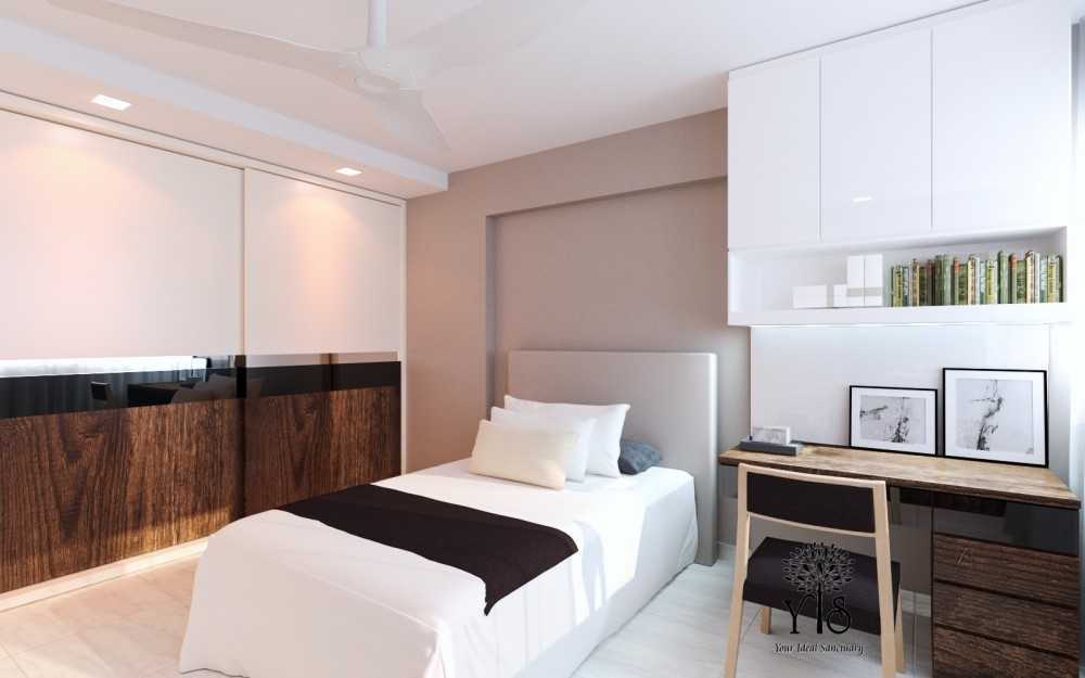 Modern Bedroom with Bookshelf and Homogeneous Tiles