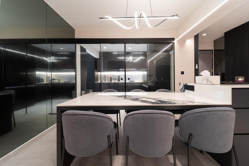 Modern Dining Room with Kitchen Island and Cove Lighting