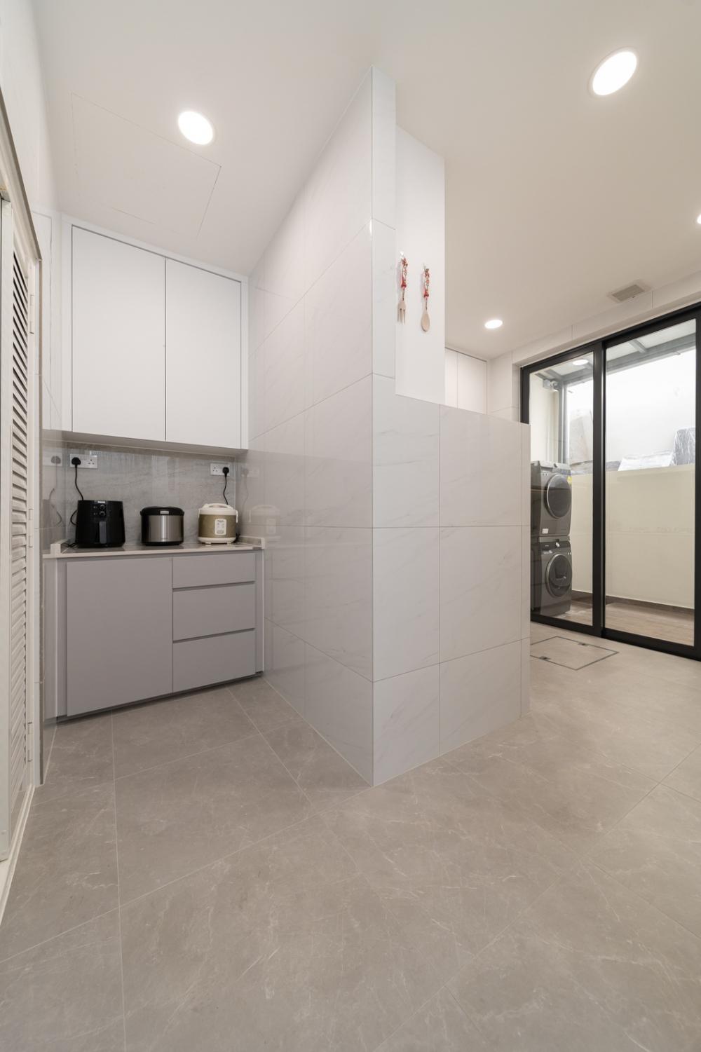 Contemporary Kitchen with Countertop and Herringbone Tiling