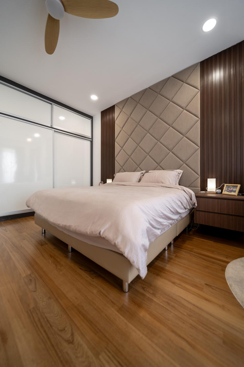 Contemporary Bedroom with Parquet Floor and Feature Wall