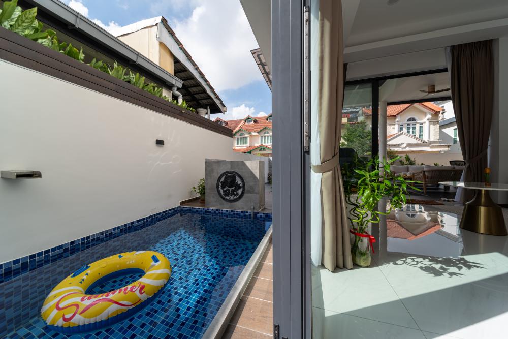 Contemporary Pool with Outdoor Table and Outdoor Chairs