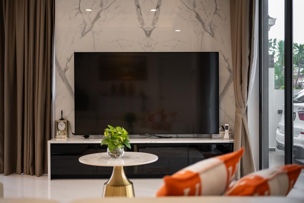 Contemporary Living Room with Marble Floor and TV Console