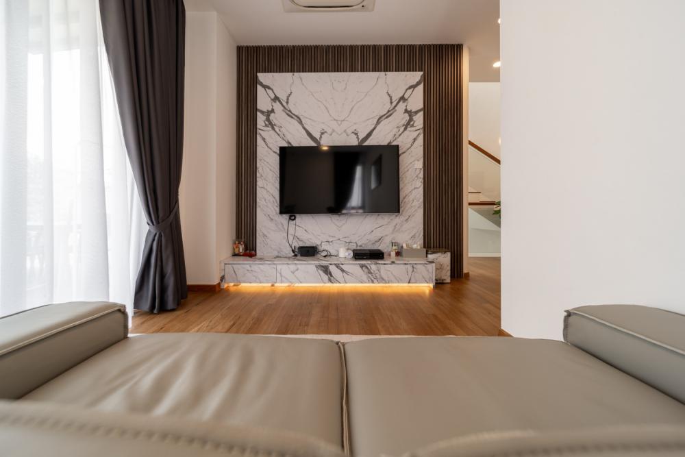 Contemporary Living Room with Parquet Floor and TV Console