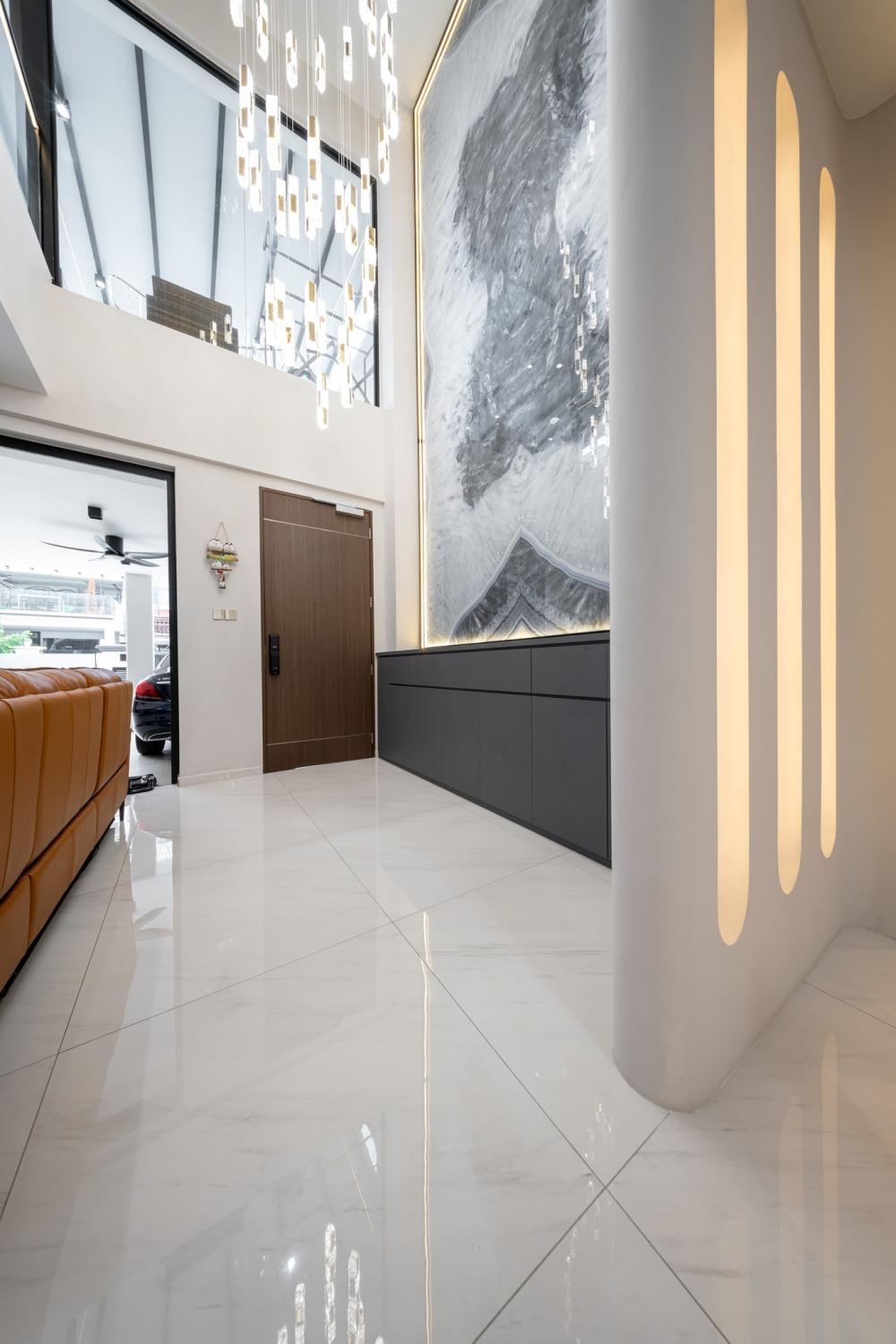 Contemporary Entryway with Feature Wall and Chandelier