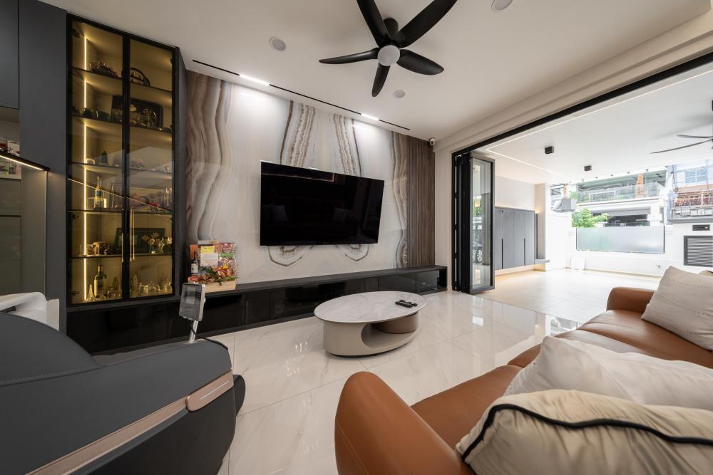 Contemporary Living Room with Marble Floor and TV Console