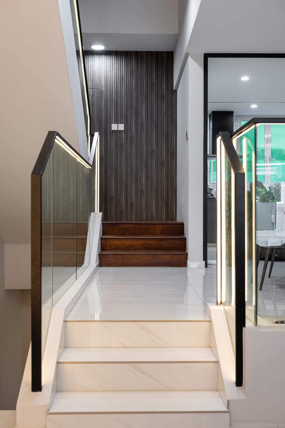 Contemporary Hallway with Feature Wall and Staircase
