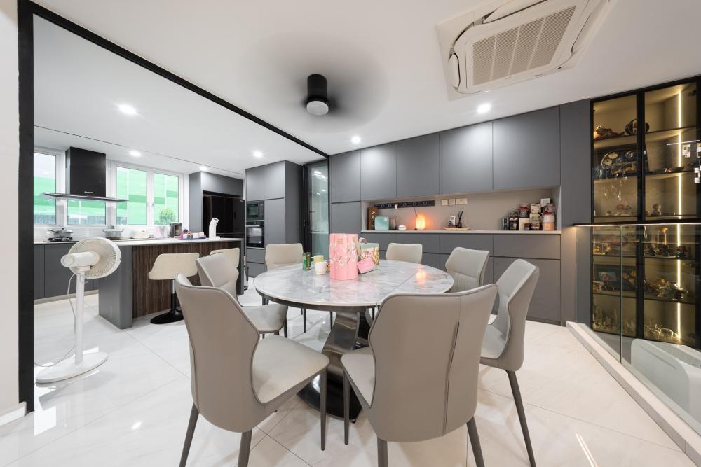 Contemporary Dining Room with Kitchen Island and Dining Table
