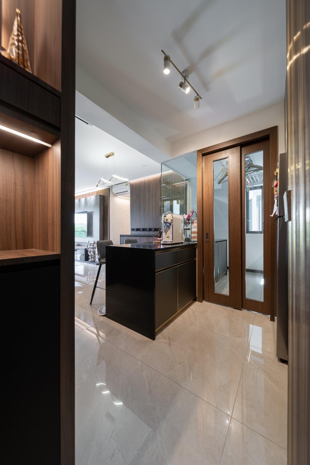 Modern Dining Room with Kitchen Window and Kitchen Island