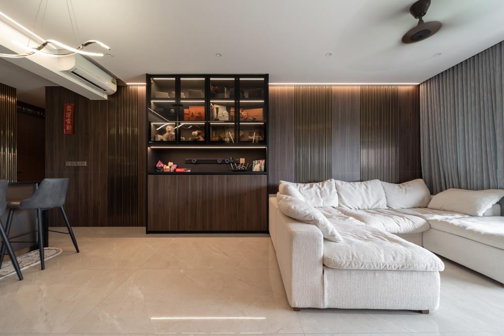 Modern Living Room with Homogeneous Tiles and Feature Wall