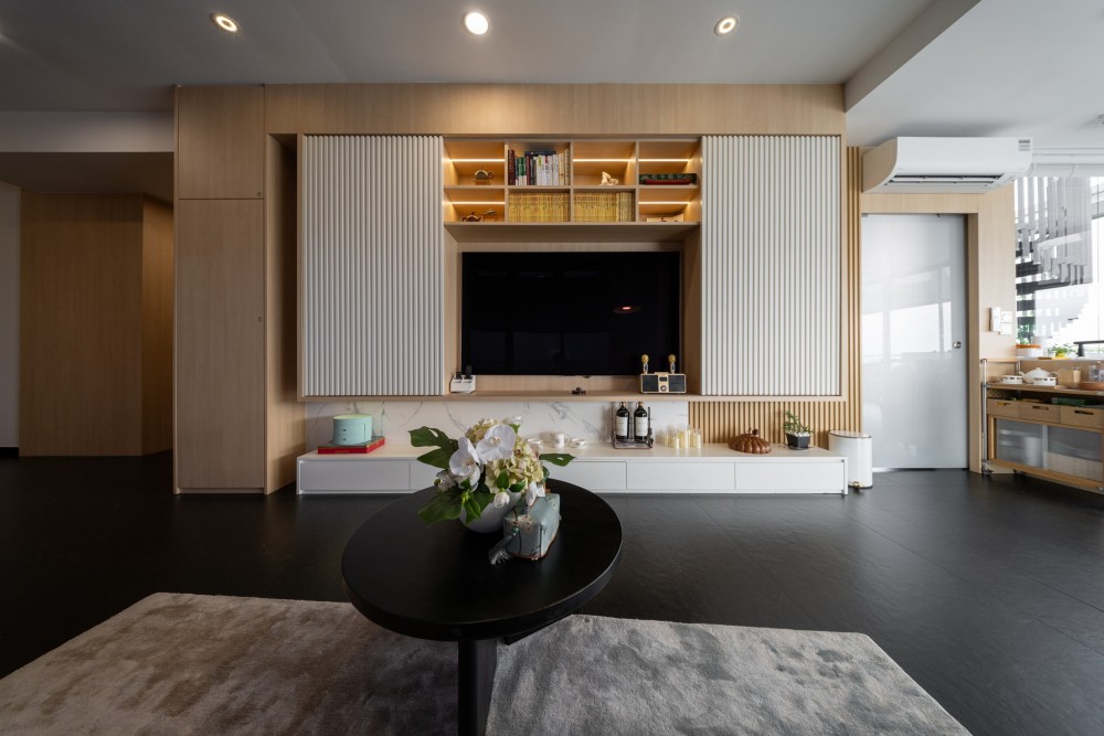 Asian Living Room with Vinyl Flooring and TV Console
