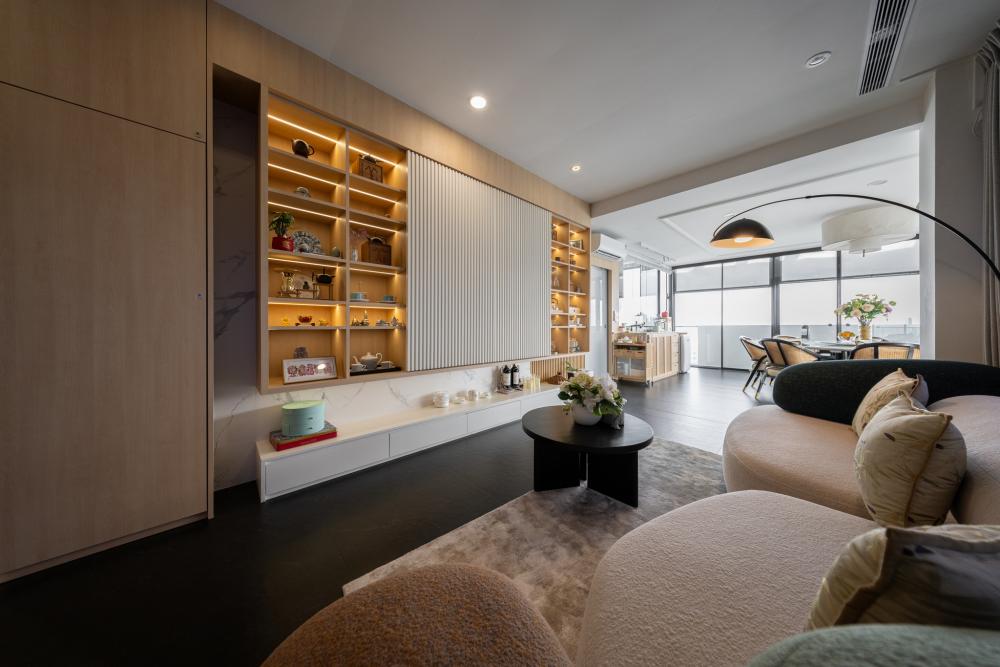 Asian Living Room with Vinyl Flooring and TV Console