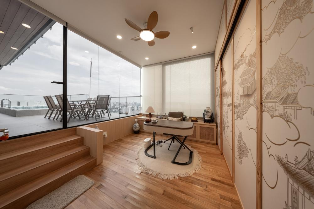 Asian Rooftop with Outdoor Table and Outdoor Chairs