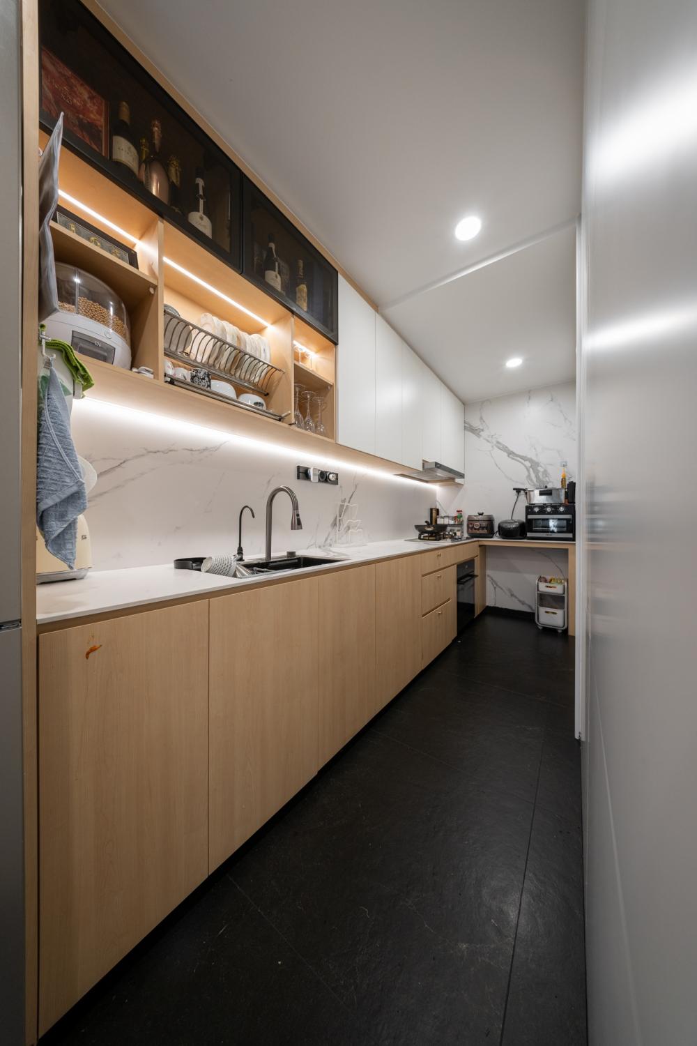 Asian Kitchen with Countertop and Open Kitchen