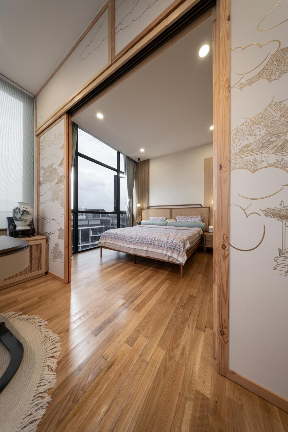 Asian Bedroom with Wardrobe and Bedside Table