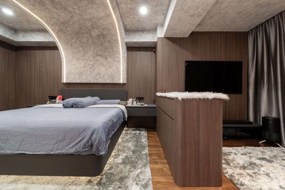 Modern Bedroom with Platform Bed and Parquet Floor