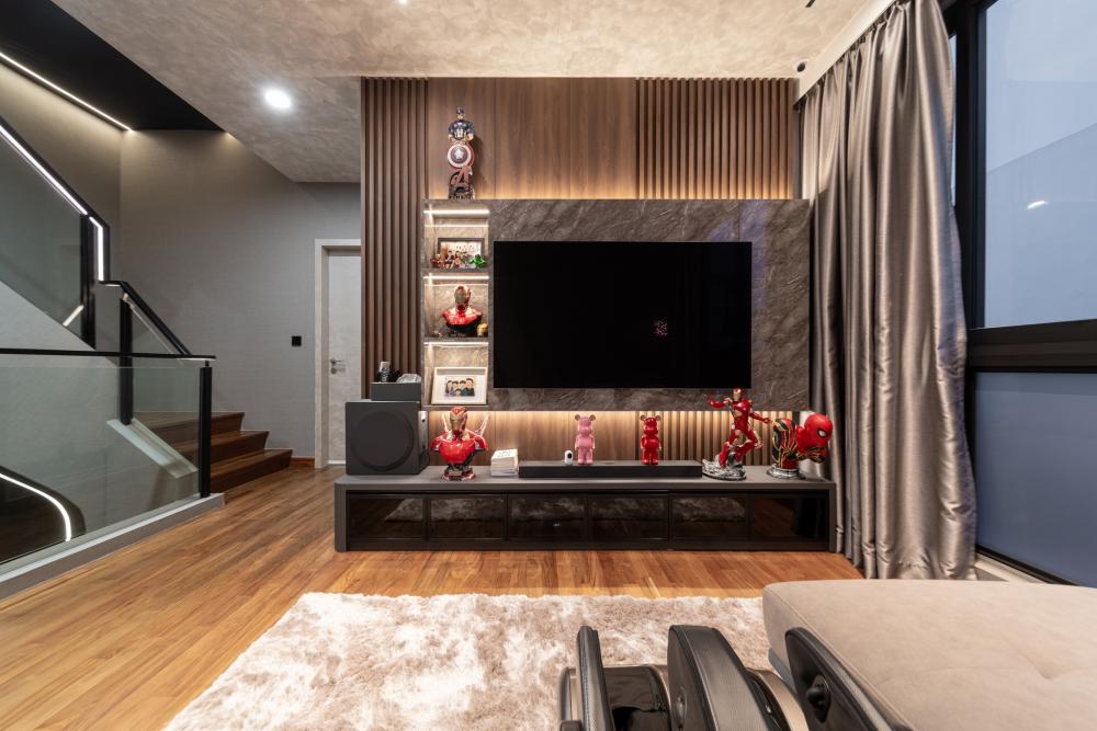 Modern Living Room with Parquet Floor and TV Console