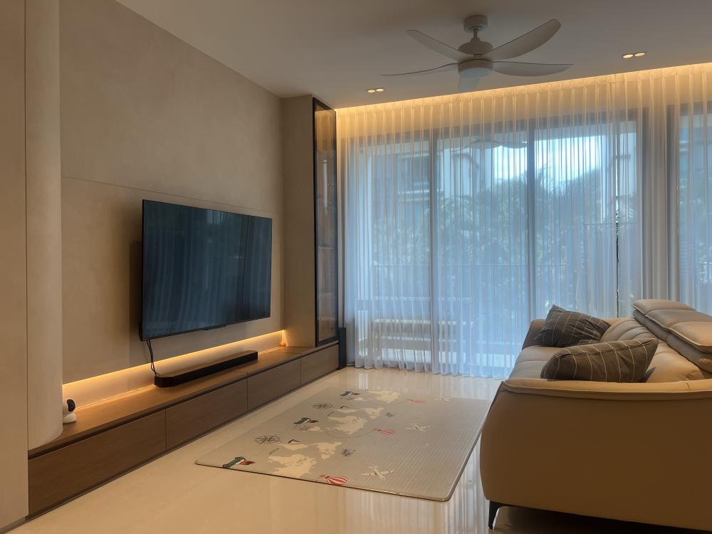 Modern Living Room with TV Console and Cove Lighting