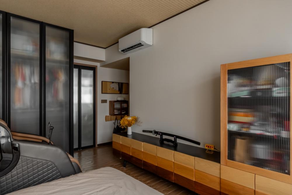 Asian Bedroom with Platform Bed and Wardrobe