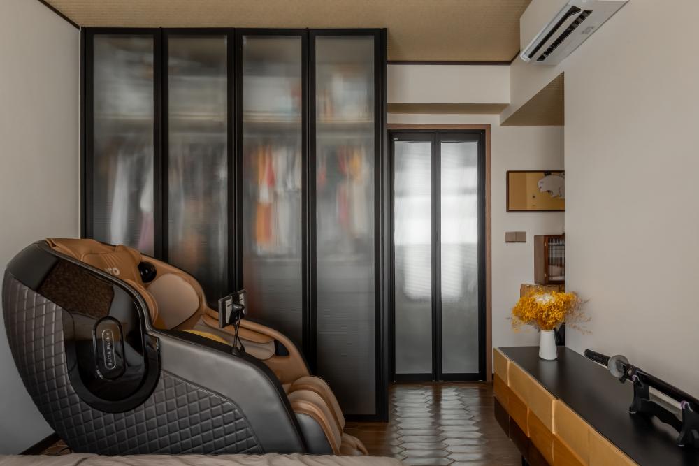 Asian Bedroom with Platform Bed and Wardrobe