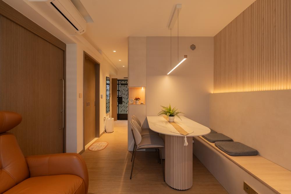 Scandinavian Dining Room with Drop Light and Dining Table