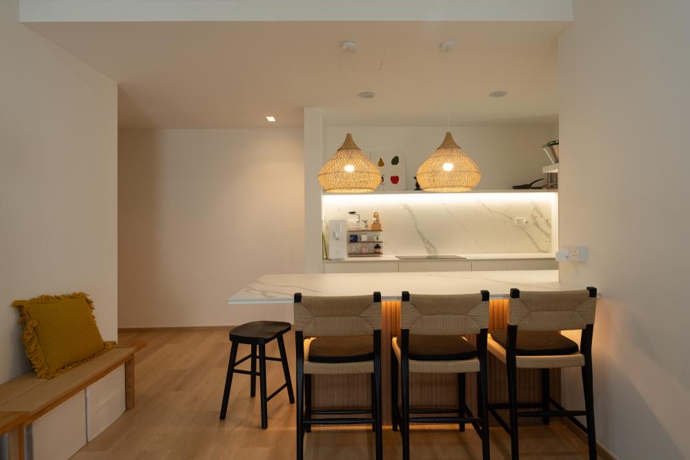 Contemporary Dining Room with Drop Light and Downlights