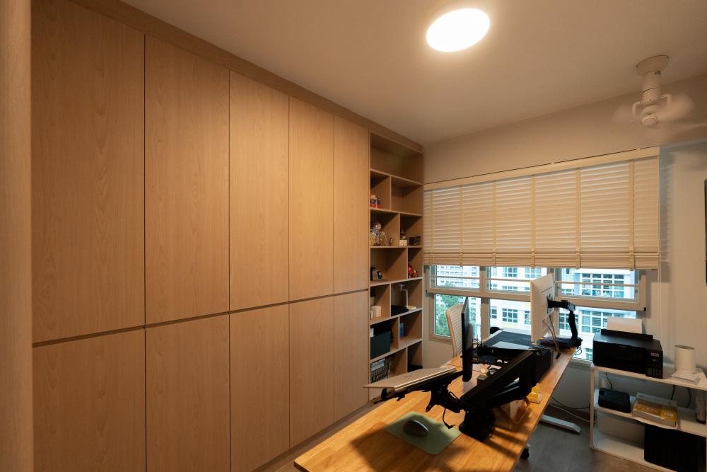 Modern Home Office with Bookshelf and Desk