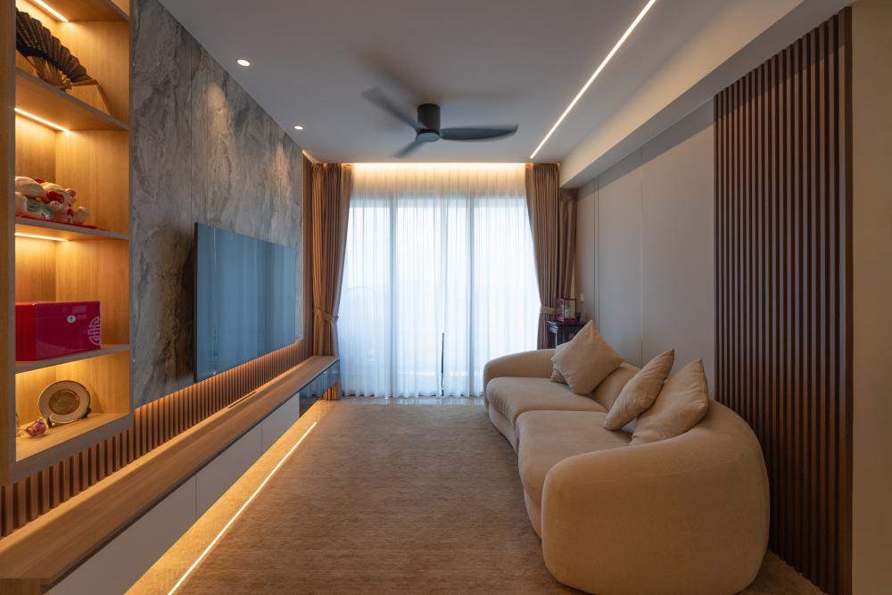 Contemporary Living Room with TV Console and Feature Wall