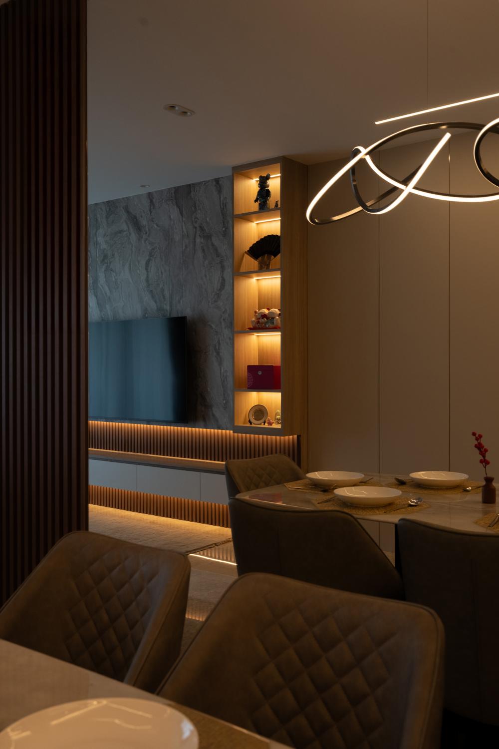Contemporary Dining Room with Drop Light and Dining Table