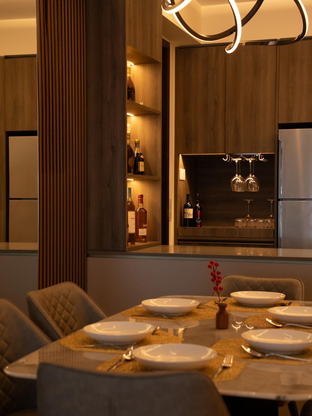 Contemporary Dining Room with Drop Light and Dining Table