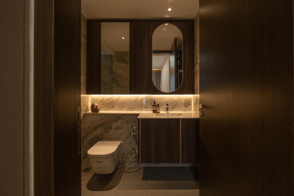 Contemporary Bathroom with Mirror and Laundry Baskets