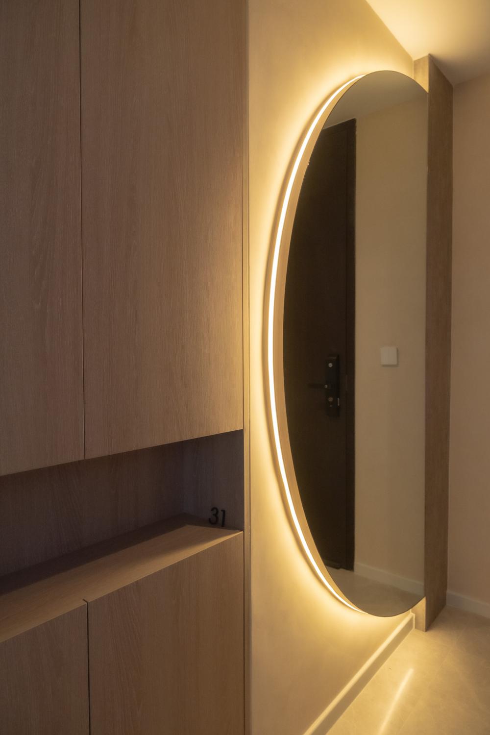 Minimalist Foyer with Mirror and Shoe Cabinets