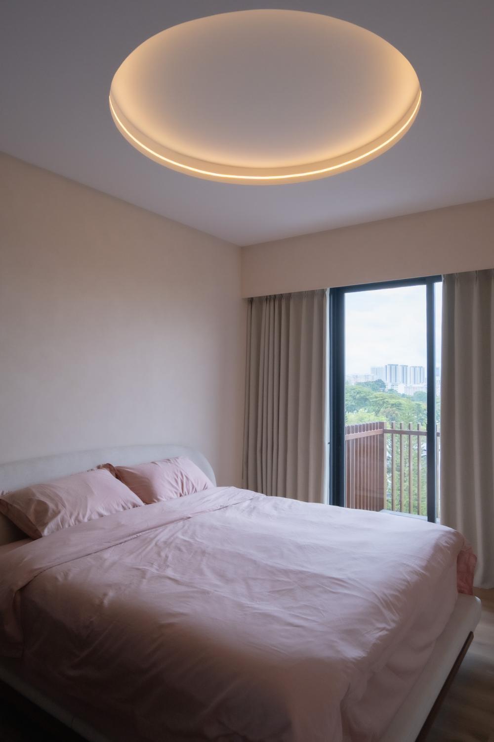 Minimalist Bedroom with Drop Light and Bedside Table