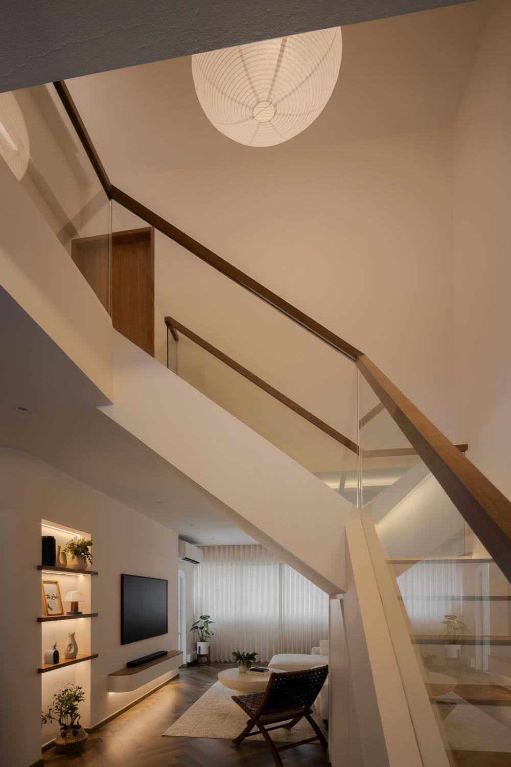 Scandinavian Hallway with Wood Flooring and Staircase