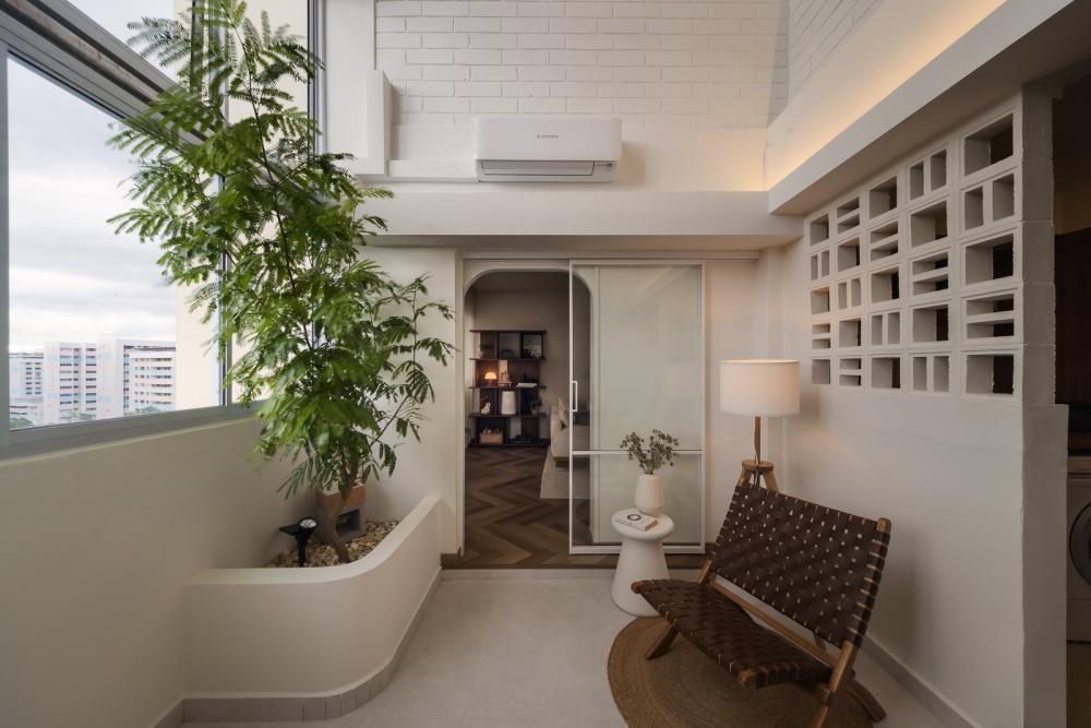 Scandinavian Balcony with Homogeneous Tiles and Glass Door