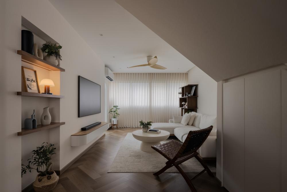 Scandinavian Living Room with Bookshelf and Herringbone Tiling
