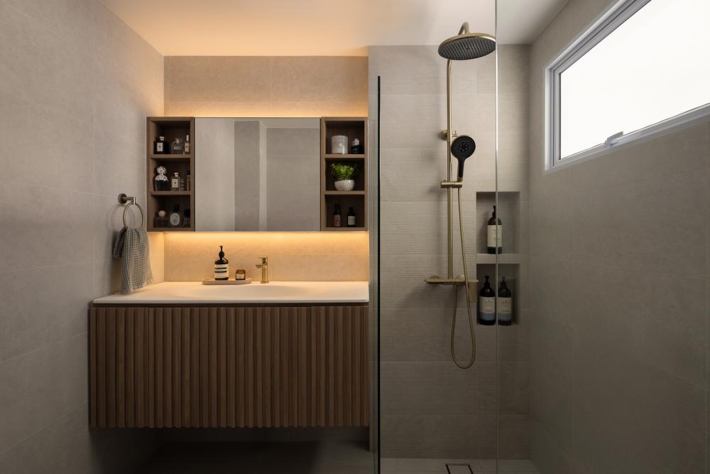 Scandinavian Bathroom with Mirror and Rainshower